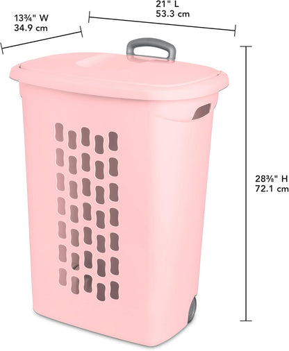 Sterilite 3 Pack Ultra Wheeled Hamper, Plastic Laundry Basket Clothes Bin with Wheels, Flip Top Lid and Retractable Handle, Pink Frost