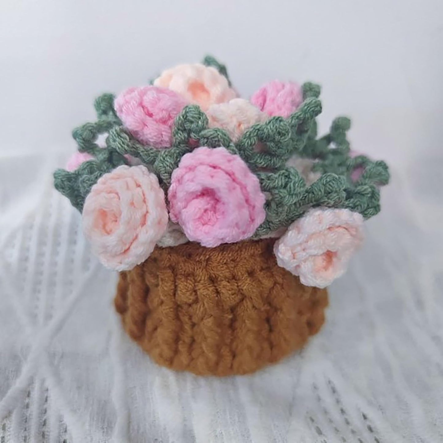 2 PCS Finished Rose Bouquet Coaster Flower Bouquet Blanket Coasters, Tabletop Flowers Mini Handmade Crochet Rose Romantic Knitted Gift for Girls Mom for Birthday (Pink)