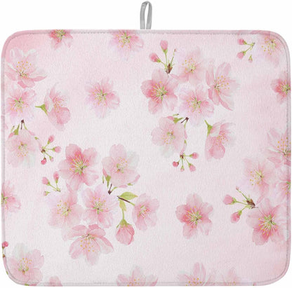 Pink Floral Dish Drying Mat for Kitchen Counter Modern Farmhouse Aesthetic Shabby Chic Flower Baby Microfiber Drying Pad, Absorbent Coffee Cup Dishes Drainer Mats 18"x24", 1 Pcs