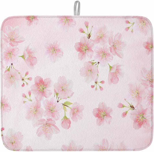 Pink Floral Dish Drying Mat for Kitchen Counter Modern Farmhouse Aesthetic Shabby Chic Flower Baby Microfiber Drying Pad, Absorbent Coffee Cup Dishes Drainer Mats 18"x24", 1 Pcs