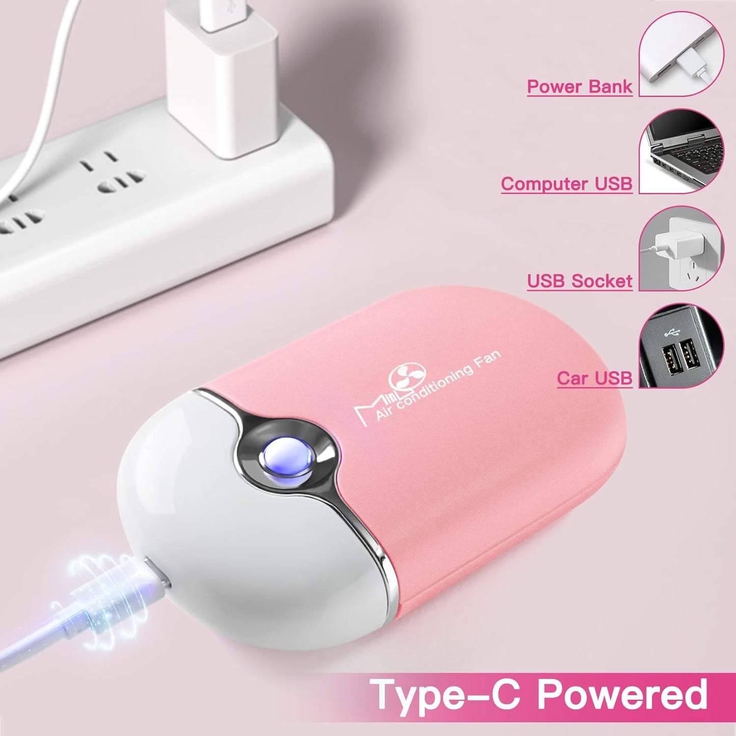 mlogiroa Lash Fan Mini Portable Eyelash Fan Handheld for Eyelash Extension Rechargeable USB C Air Cooling Blower with Built in Sponge Lash Extension Application(Pink)