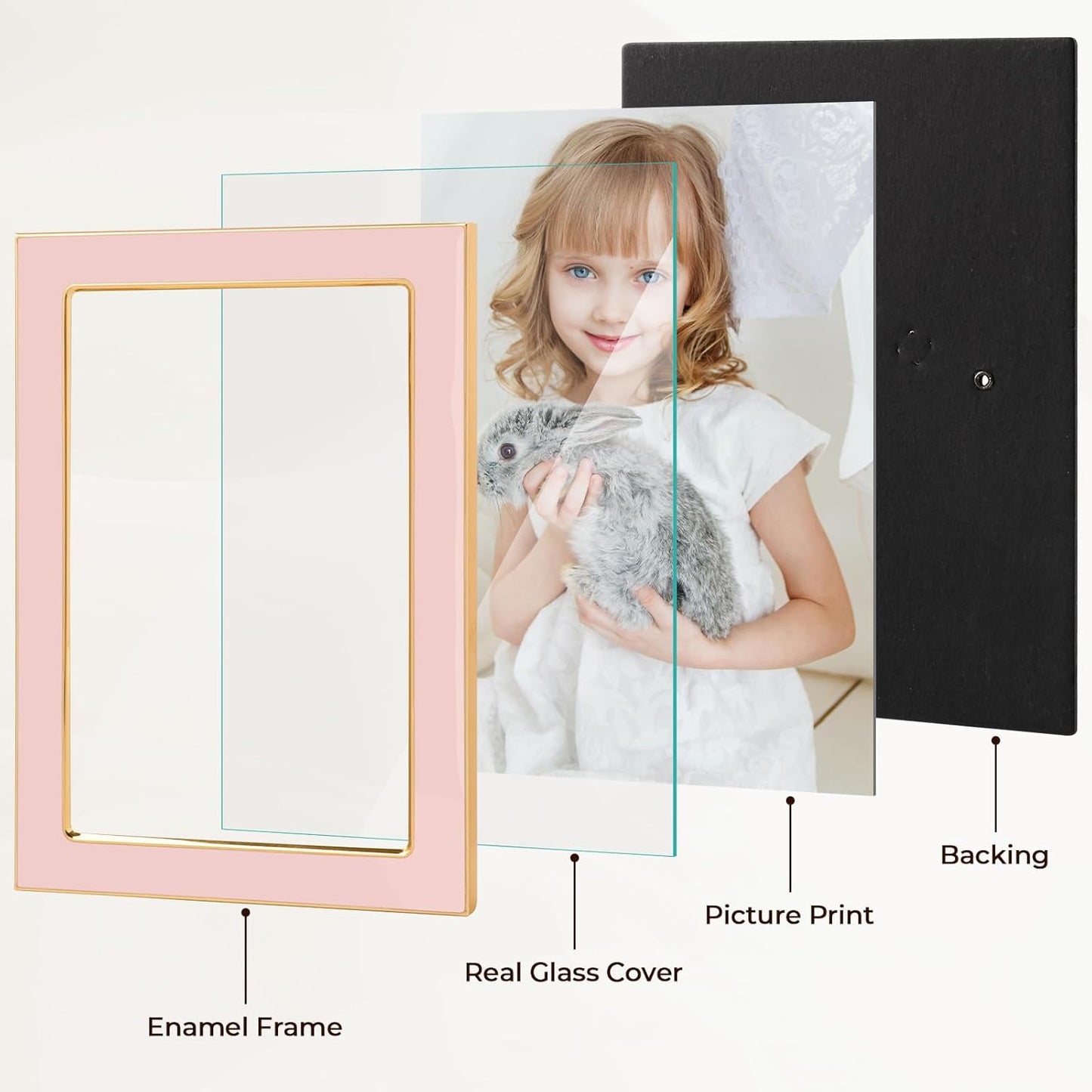 4x6 Pink Enamel Picture Frames - Metal Gold Edge - Cute Frame for 4 x 6 Inch Photos Pictures Artwork - Real Glass - With Tabletop Easel Stand - Hanger for Wall Mount Display (2 Pack)