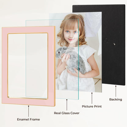 4x6 Pink Enamel Picture Frames - Metal Gold Edge - Cute Frame for 4 x 6 Inch Photos Pictures Artwork - Real Glass - With Tabletop Easel Stand - Hanger for Wall Mount Display (2 Pack)