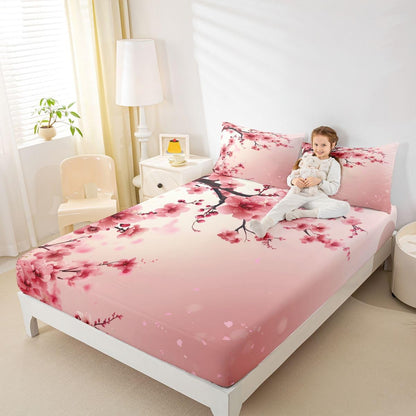 Cherry Bloosom Fitted Sheet Queen Size 3 Pcs,Pink Peach Blossom Bedding Set for Girls Women Adults,Wild Watercolor Flowers Romantic Bed Cover with 2 Pillowcases(No Top Sheet)