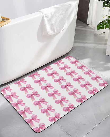 Bath Rugs,Spring Idyllic Pink Bow on White Absorbent Diatomaceous Earth Bath Mat Quick Drying Non Slip Washable Shower Mat 18x30IN,Watercolor Ribbon Doormat for Bathtub Kitchen Living Room
