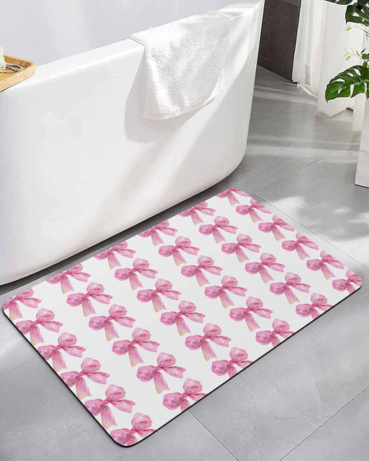 Bath Rugs,Spring Idyllic Pink Bow on White Absorbent Diatomaceous Earth Bath Mat Quick Drying Non Slip Washable Shower Mat 18x30IN,Watercolor Ribbon Doormat for Bathtub Kitchen Living Room