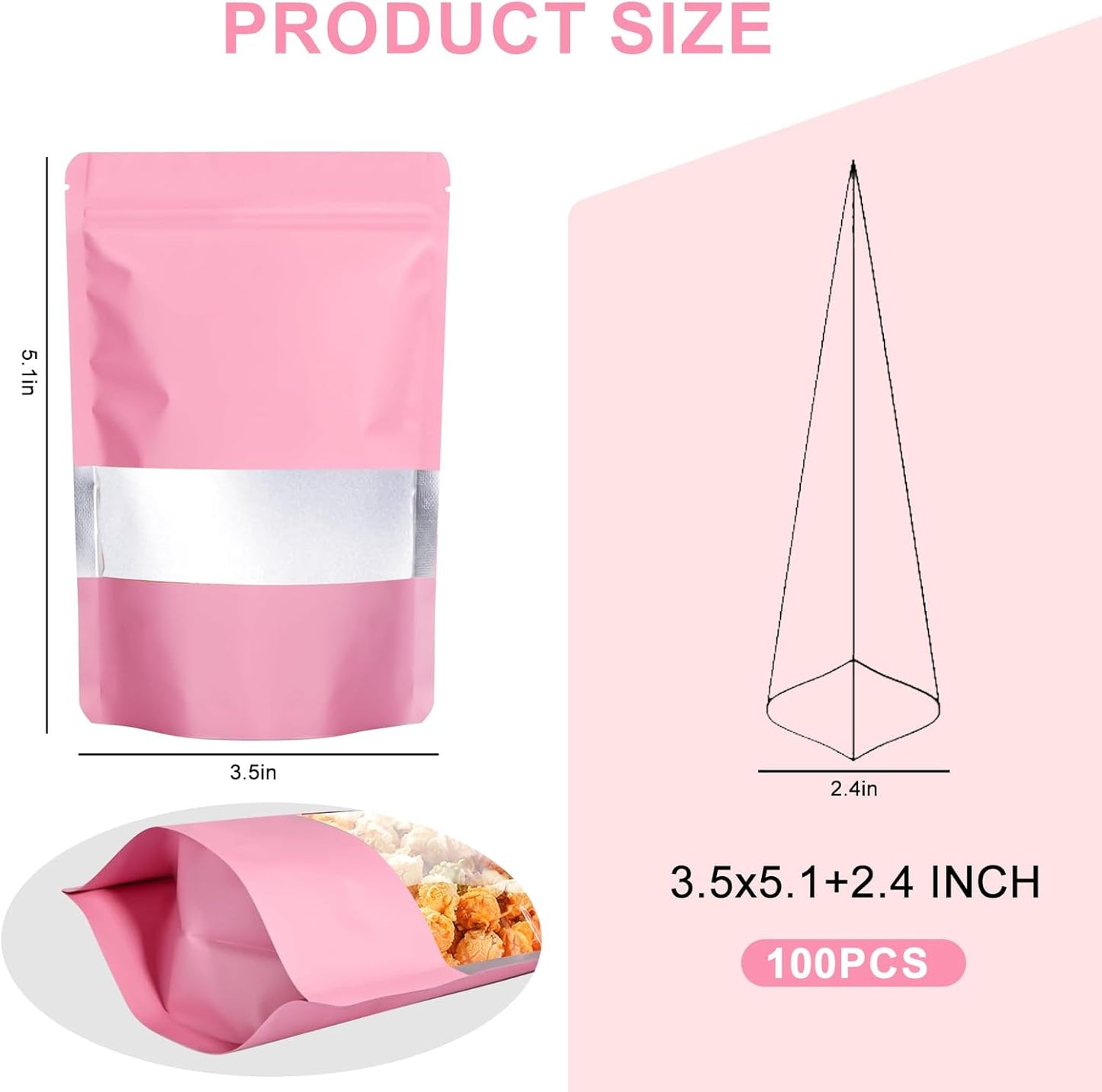 100PCS Mylar Bags for Food Storage, Smell Proof Bags Resealable Food Packaging for Small Business Stand Up Pouches with Window, 3.5" x5.1", Pink