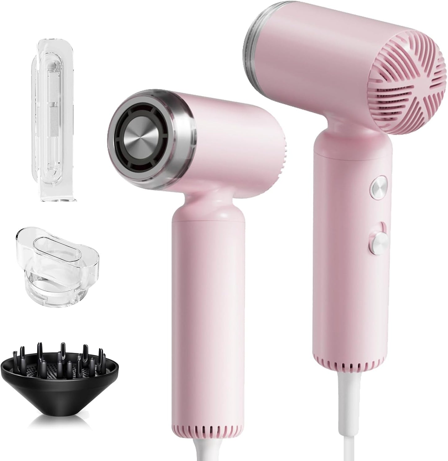 Webeauty Mini Hair Dryer with Diffuser, 110,000RPM High-Speed Motor, 200M Negative Ions Protect, 3-Temp & 2-Speed Settings, Lightweight Travel-Friendly Blow Dryer with Magnetic Attachments (Pink)