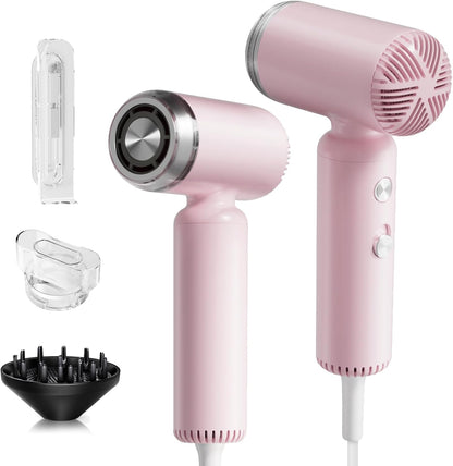 Webeauty Mini Hair Dryer with Diffuser, 110,000RPM High-Speed Motor, 200M Negative Ions Protect, 3-Temp & 2-Speed Settings, Lightweight Travel-Friendly Blow Dryer with Magnetic Attachments (Pink)