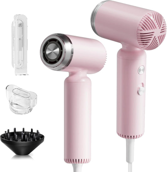 Webeauty Mini Hair Dryer with Diffuser, 110,000RPM High-Speed Motor, 200M Negative Ions Protect, 3-Temp & 2-Speed Settings, Lightweight Travel-Friendly Blow Dryer with Magnetic Attachments (Pink)