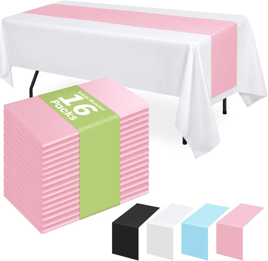 Light Pink Plastic Table Runner Disposable, 16 Pack 14 x 108 inch, Water Resistant Table Runner for Wedding, Birthday, Party, Baby Shower, Home Table Decoration