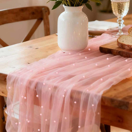 WELTRXE Pearl Table Runner Tulle 30x120 Inch 10FT Long, Pink Gauze Table Runners, Rustic Boho for Wedding Arch Birthday Party Bridal Veil Baby Shower Decorations