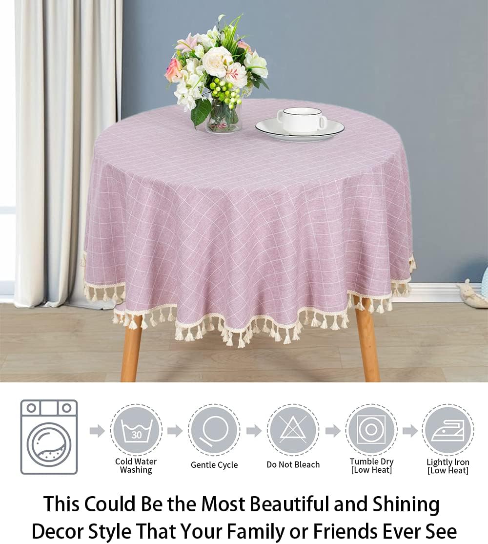 ShinyBeauty Round Cotton Linen Tablecloth - Wrinkle Free, Dust-Proof, Washable Buffalo Check Table Linen with Pink Embroidery Tassel - 55" for Home Kitchen Tables