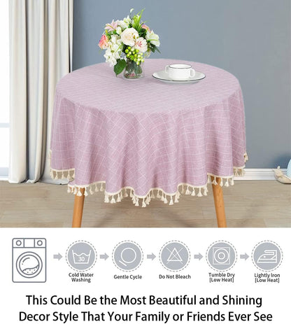 ShinyBeauty Round Cotton Linen Tablecloth - Wrinkle Free, Dust-Proof, Washable Buffalo Check Table Linen with Pink Embroidery Tassel - 55" for Home Kitchen Tables