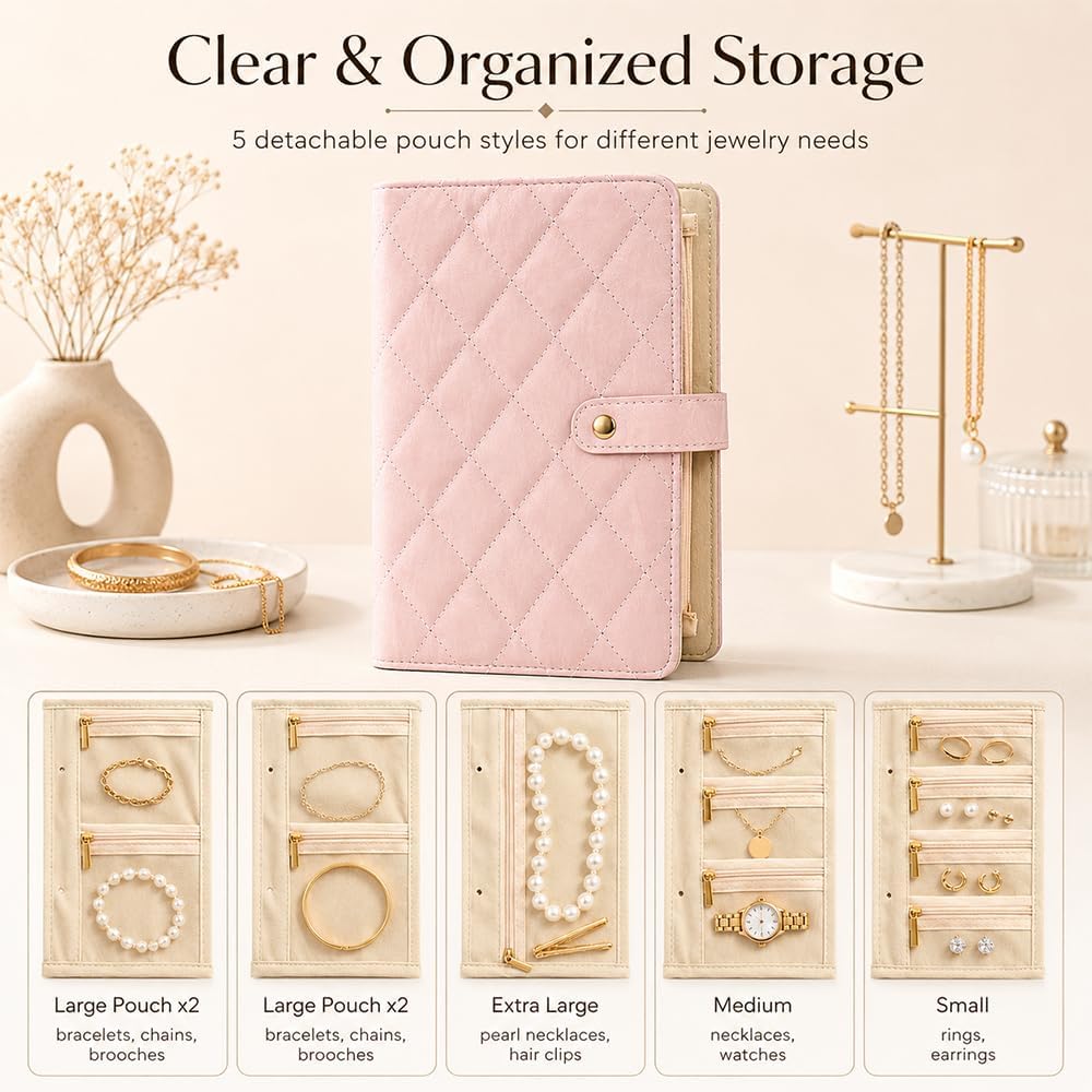 Travel Jewelry Notebook, Portable Jewelry Travel Case with 5 Detachable Velvet Zipper Pouches, Faux Leather Binder for Rings, Earrings, Necklaces (Light pink,2PCS)