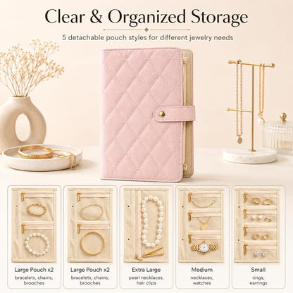 Travel Jewelry Notebook, Portable Jewelry Travel Case with 5 Detachable Velvet Zipper Pouches, Faux Leather Binder for Rings, Earrings, Necklaces (Light pink,2PCS)
