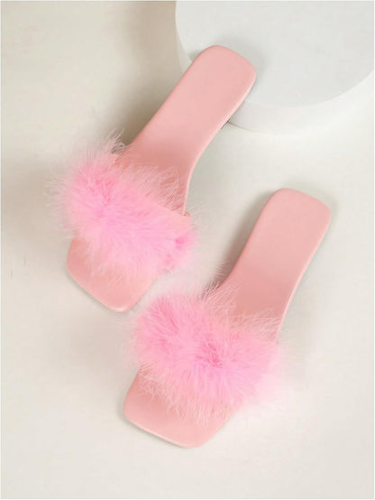 BEAUDRM Women's Sexy Flat Sandals Fuzzy Feather Dressy Flat Sandals Slip On Square Slipper Open Toe Fuzzy Slides Slippers