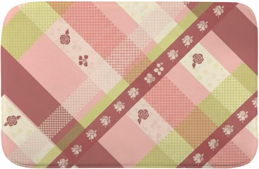 Bedside Rug Vintage Pink Roses Pastel Checkerboard Bathroom Rugs Small Dry Mat Mats for Bathroom Wear-Resistant Waterproof Slip Proof Ginger Bread Accessory Girls Shower Floor Decor for 18 X 30in