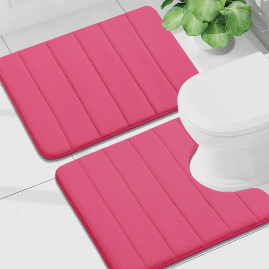 Buganda Bathroom Mat Set, 2 Piece Memory Foam Bath Mat and U-Shaped Toilet Rug, Machine Wash Dry, Soft Non Slip Absorbent Bath Rug for Bathroom, Shower and Tub (24" x 16"+24" x 20", Deep Pink)