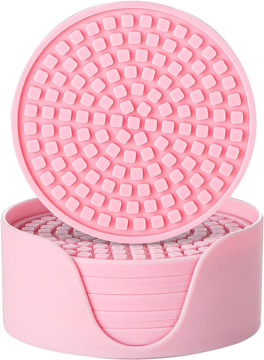 Colinda Silicone Drink Coasters with Holder, Set of 6, Outdoor Cup Mat for Hot or Cold Drinks, Thickened, Non-Slip,Non-Stick, Pink