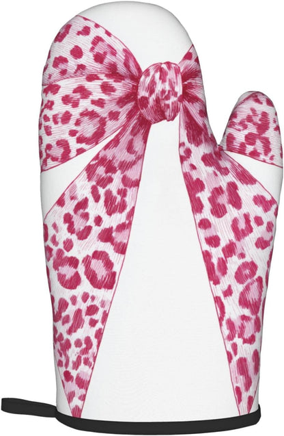 Light Pink Leopard Bow Oven Mitts and Pot Holders Sets,Heat Resistant Potholder Kitchen Decor for Cooking Baking BBQ, Oven Glove Set