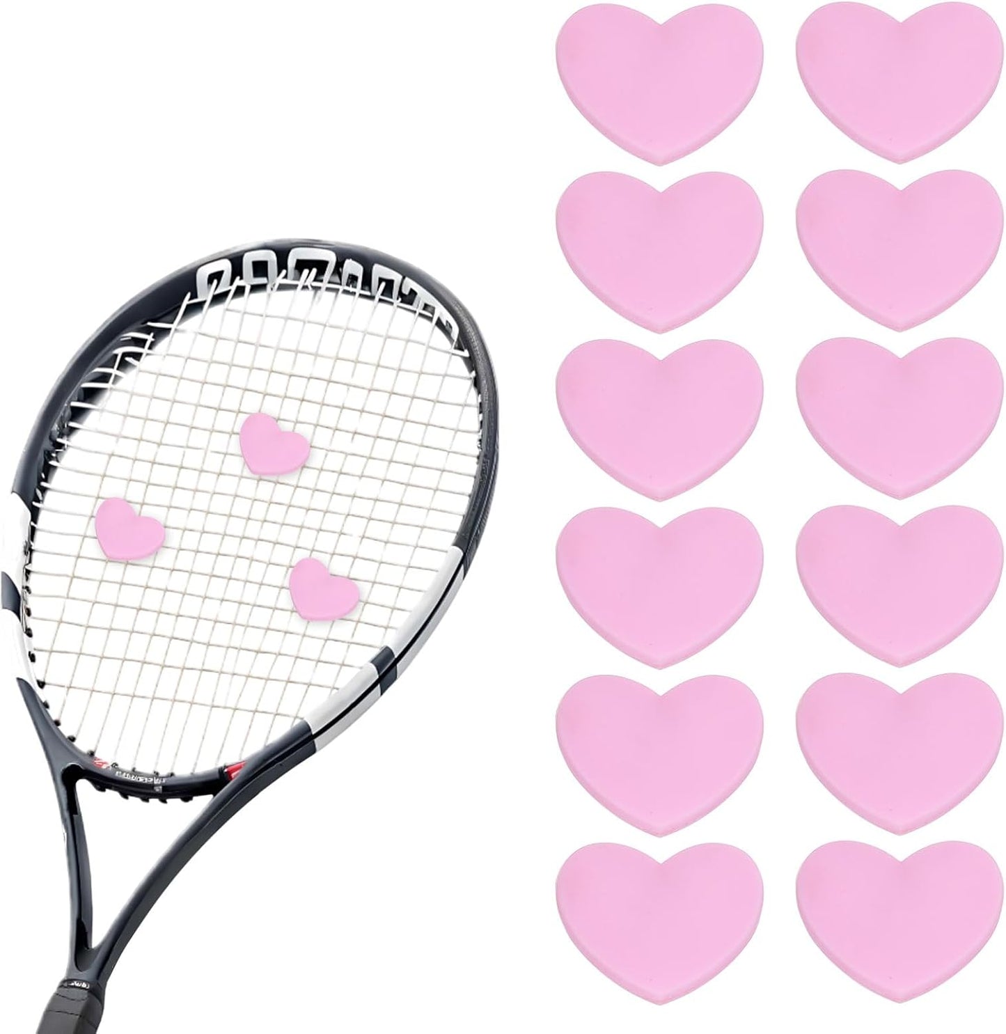 Tennis Dampener, Heart Silicone Tennis Racket Dampeners Racket Shock Absorber Reduce Vibration Soft Cute Fit for (Players/Universal Fit for All Racquets) 12 Pcs & Light Pink