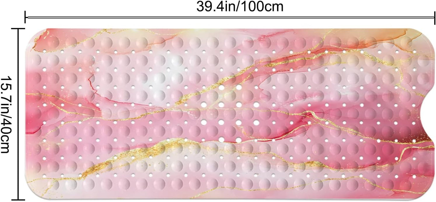 LNOND Marble Bath Tub Mat Non Slip, Extra Long 40 X 16 Inch Anti Slip Mat for Bathtub, Pink Gold Marble Shower Mat with Drain Holes and Suction Cups, Machine Washable