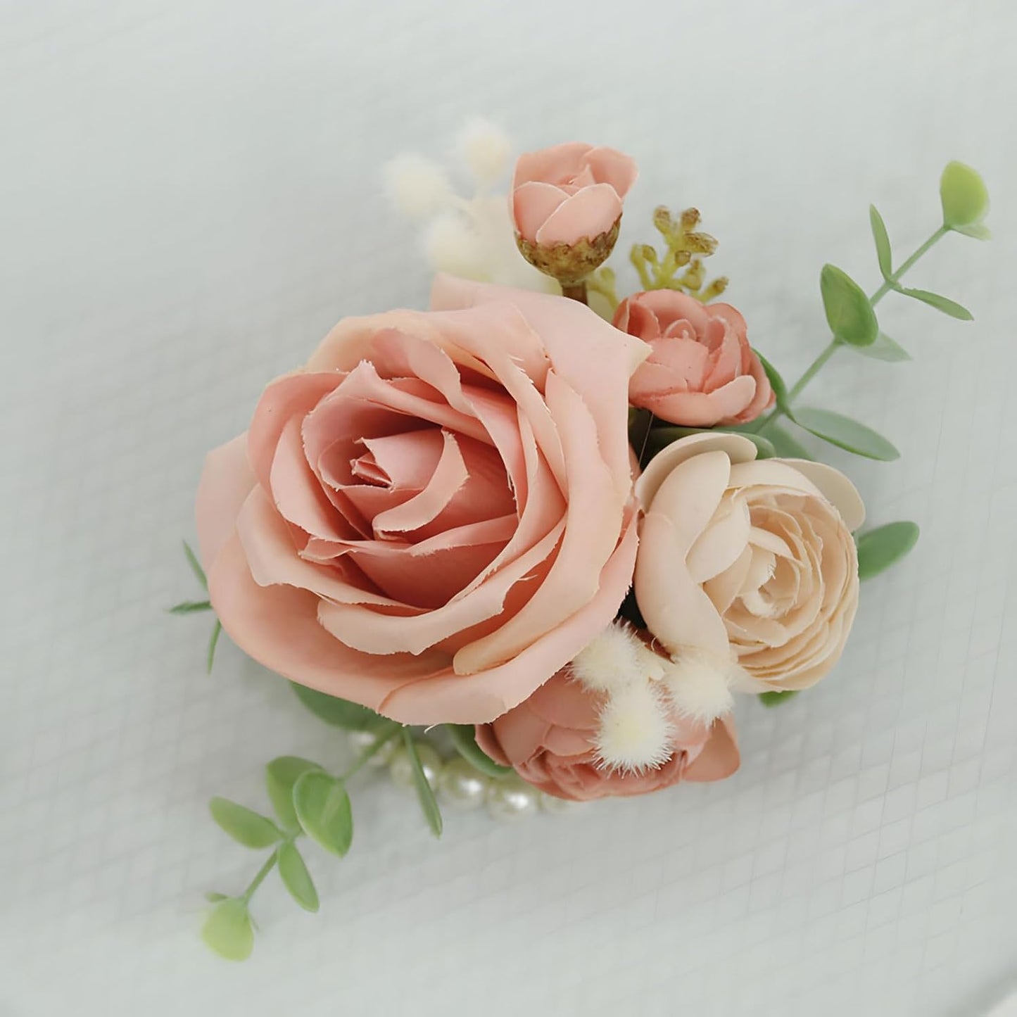 Wedding Bride Wrist Corsage Groom Boutonniere Peach Pink Rose Blossom Floral Set Bestman Groomsmen Bridesmaid Bridal Hand Flower Parent Corsage for Indoor Outdoor Wedding Prom Quinceanera