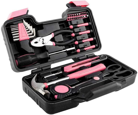 Small Homeowner Tool Set,39 Pieces General Household DIY Repair Hand Tool Kit with Plastic Tool box Storage Case,Household Machinery Repair Kit,Daily Home Maintenance (Pink)