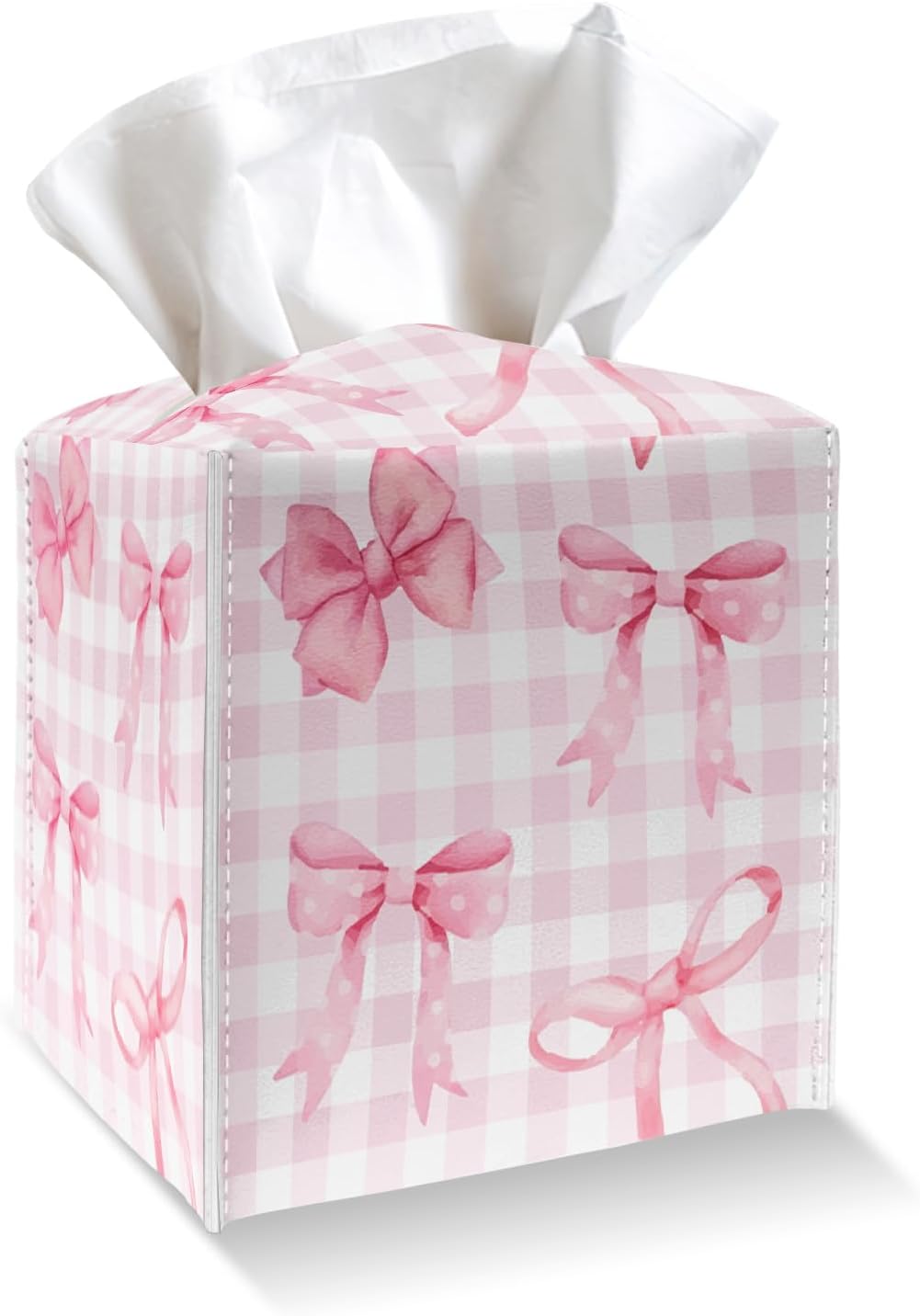 Pink Bows Tissue Box Cover, Square Tissue Box Holder with Bottom Belt, PU Leather Decorative Facial Paper Organizer for Table Top, Bathroom, Car, Office-017