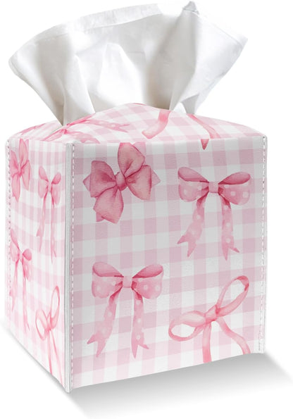 Pink Bows Tissue Box Cover, Square Tissue Box Holder with Bottom Belt, PU Leather Decorative Facial Paper Organizer for Table Top, Bathroom, Car, Office-017