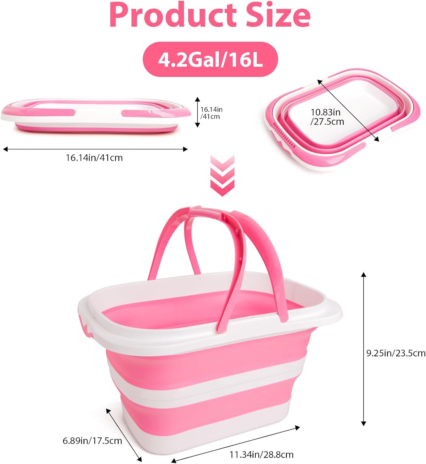 Collapsible Mop Bucket 4.2 Gallon(16L), Space-Saving Foldable Cleaning Bucket with Handle & Hanging Hole for Home, Swimming Pool, Camping, Car Wash & Outdoor (Pink White)