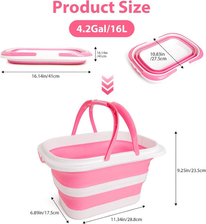 Collapsible Mop Bucket 4.2 Gallon(16L), Space-Saving Foldable Cleaning Bucket with Handle & Hanging Hole for Home, Swimming Pool, Camping, Car Wash & Outdoor (Pink White)