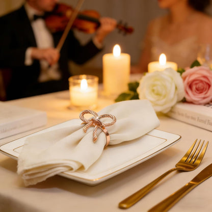 Rose Gold Bow Napkin Rings Set of 12 for Wedding Party Birthday Holiday Family Dinner Daily Table Decor,Elegant Metal Bow Tie Napkin Ring Holders for Valentine's Day Banquet Decoration