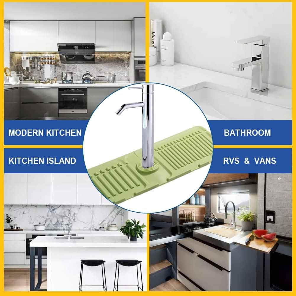 Silicone Faucet Handle Drip Catcher Tray Mat, 16 Inch Silicone Faucet Mat Dish Soap Sponge Holder, Drying Mat for Kitchen Counter Bathroom Kitchen Sink Splash Guard