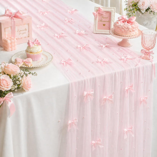 Pearl Table Runner for Wedding, 30x 120inch Pink Bow Gauze Table Runner for Holiday Wedding Birthday Bridal Shower Table Decor Home Party(Pink)