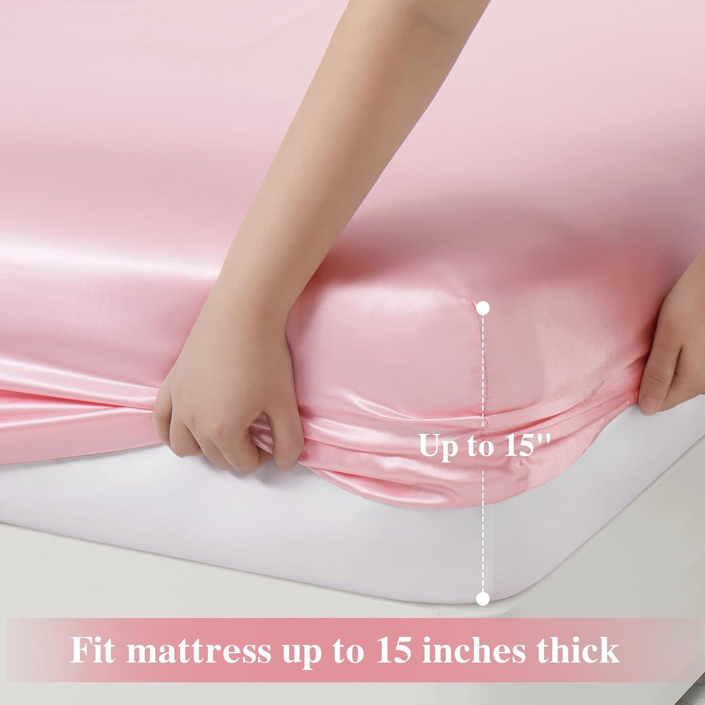P Pothuiny 3-Piece Set Ruffle Satin Pillowcases & Full Fitted Sheet, Luxury Blush Pink Satin Fitted Sheet Silky Soft Cute Bedding Bedroom Dorm Decor, Wrinkle Free, 15 Inch Deep Pocket