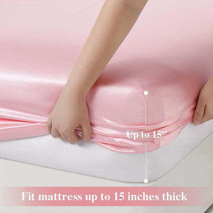 P Pothuiny 3-Piece Set Ruffle Satin Pillowcases & Full Fitted Sheet, Luxury Blush Pink Satin Fitted Sheet Silky Soft Cute Bedding Bedroom Dorm Decor, Wrinkle Free, 15 Inch Deep Pocket