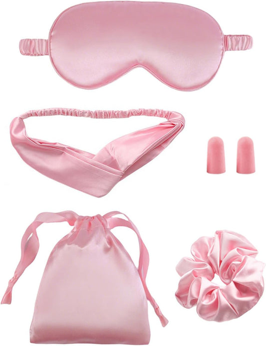 5 Pieces Silk Sleep Masks, Satin Eye Mask Set with Scrunchies, Headband, Pouch Bags & Earplugs, Soft Silky Eyes Cover Sleeping Eye Mask for Women Girl Birthday Bridesmaid Gifts (Pink)