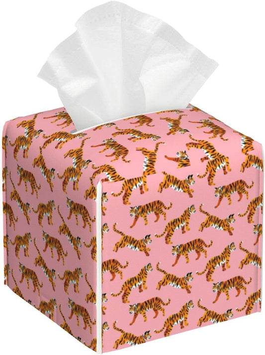 Pink Tigers Tissue Box Cover Square Pu Leather Tissue Holder Facial Tissue Case Facial Paper Organizer Dispenser for Home Bedroom Dresser Night Stand Office Desk Car