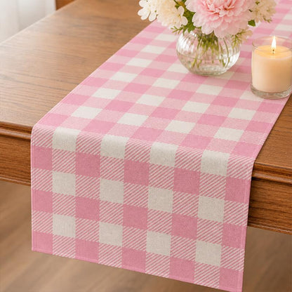 Easter Pink and White Buffalo Check Plaid Table Runner Gingham Pink Farm Birthday Party Decorations Home Kichen Dining Room Decor 13x72 Inch