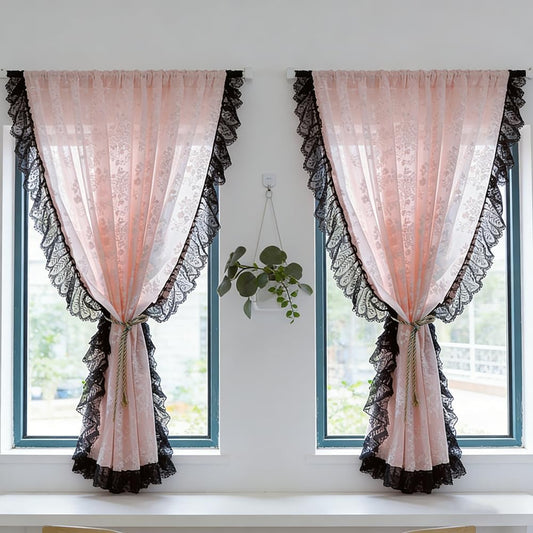 Princess Pink Floral Sheer Curtain Panels with Black Ruffled Lace Trim | Romantic Vintage Floral Knitted Lace Window Curtain Rod Pocket Light Filter Voile Drapes for Girl Bedroom Cafe Small Window