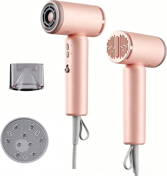 JIGGL Dual-Voltage Mini Travel Hair Dryer: Small High Speed Negative Ion Blow Dryer with Diffuser & Cool Shot - Lightweight/Low Noise -with Storage Bag & European Adaptor for All Hair Types -Pink