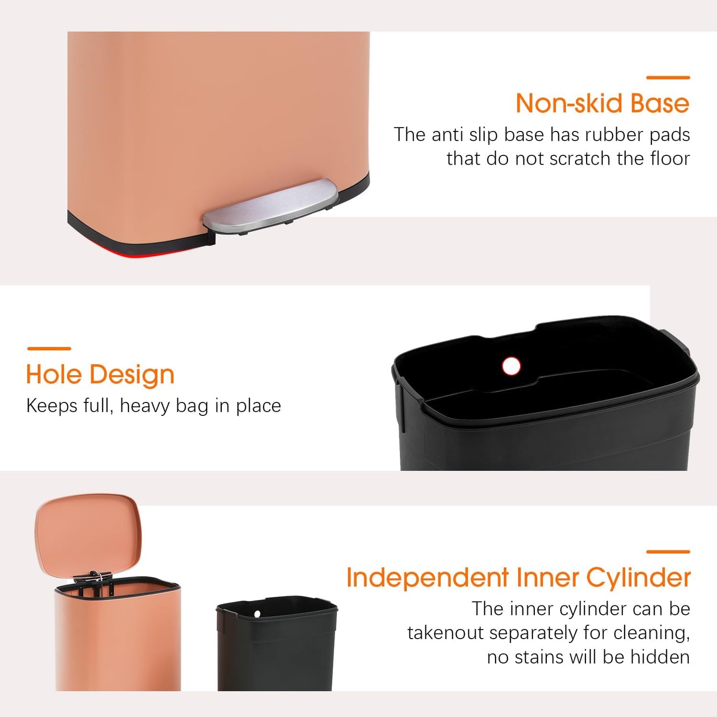 FDW | 13 Gallon Trash Can with Lid | Pink | Fingerprint-Proof | Made of Brushed Stainless Steel | Soft-Close Step Pedal | Hands-Free Use | Easy to Clean | for Kitchen, Office, Bathroom