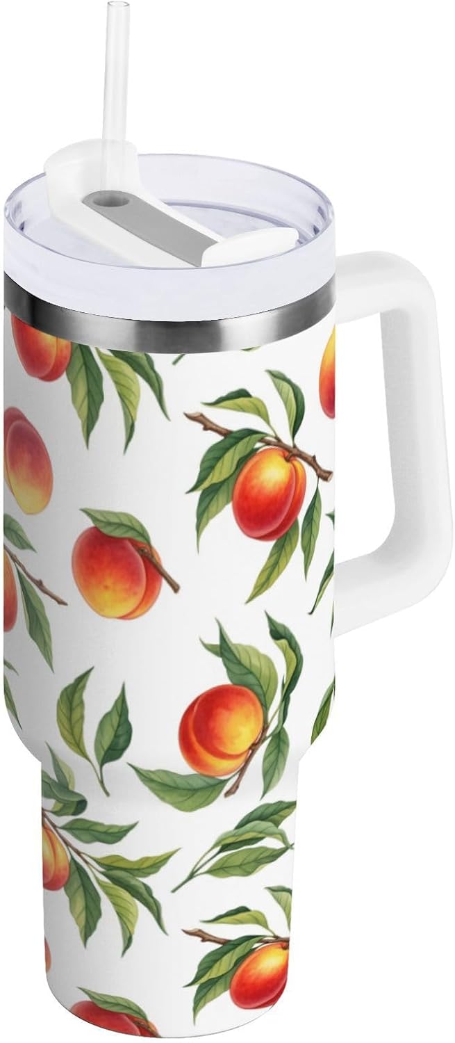 40 oz tumbler with handle and straw Peaches Branch Pattern Stainless Steel Tumbler Leakproof Water Bottle Vacuum Insulated Cups With Lid Travel Mug For Car Cup Holder,