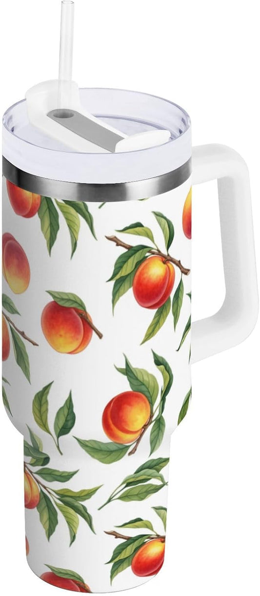 40 oz tumbler with handle and straw Peaches Branch Pattern Stainless Steel Tumbler Leakproof Water Bottle Vacuum Insulated Cups With Lid Travel Mug For Car Cup Holder,