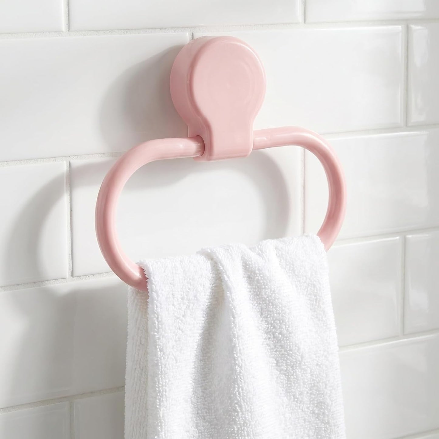 Adhesive Hand Towel Holder, Pink Hand Rack for Bathroom and Kitchen, Plastic Oval Hanger Ring, No Drilling Required Space-Saving Design
