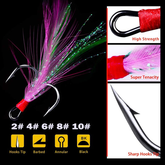 AMHDV Feather Fishing Hooks Strong Treble Hooks Size 2 4 6 8 10 (Pack of 20)