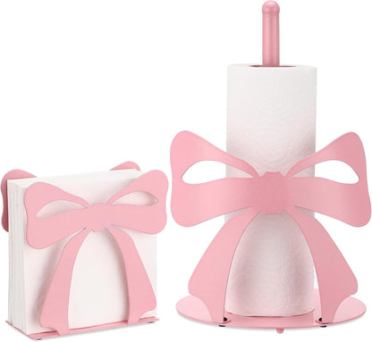 Novabright 2 Pcs Trendy Bow Paper Towel Holder for Tables Metal, Cute Bow Knot Kitchen Decoration Accessories Large Metal Towel Holder Stand for Coquette Wedding Home Party Bathroom Countertop(Pink)