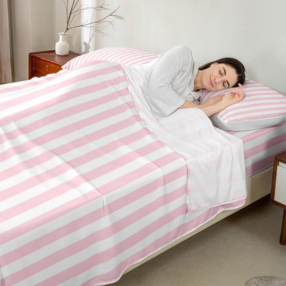 Manfei Striped Sheet Set for Kids Adults Boys Girls,Minimalist Vertical Stripes Fitted Sheet Sets Full 4 Pcs,Modern Style Pink White Fitted + Flat Sheet,2 Pillowcases